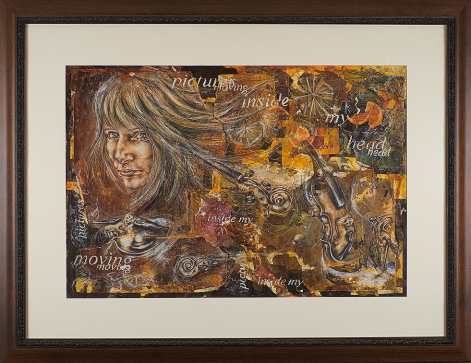 Photographic documentation of a painting framed behind glass